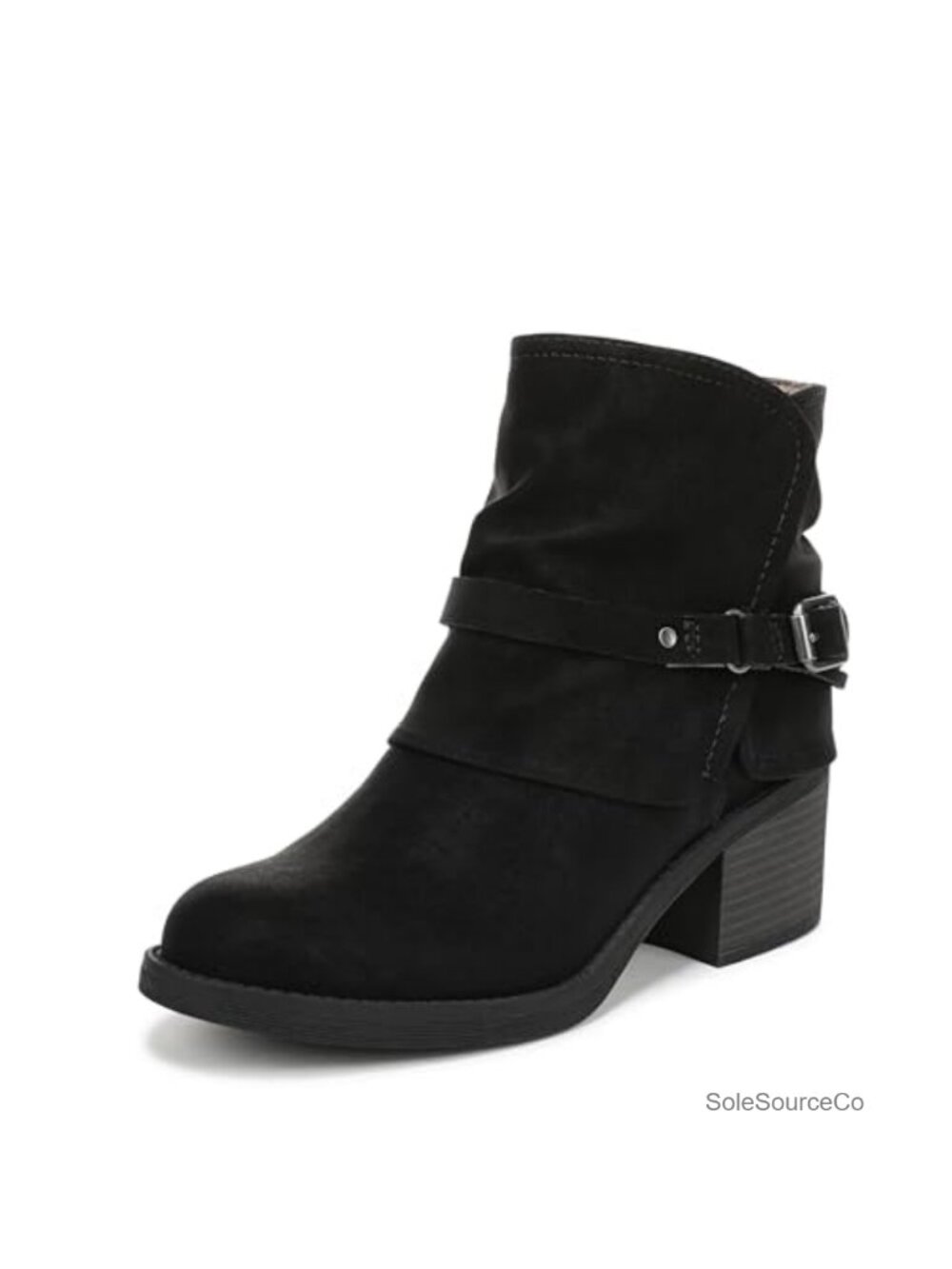 Faux Leather Ankle Bootie with Foldover Snakeprint Strap and Block Heel